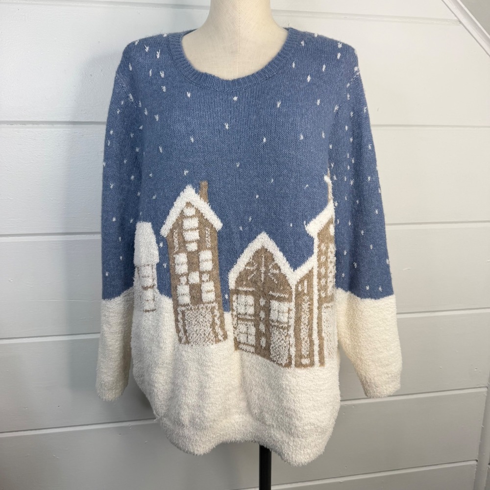 Cupcakes and Cashmere 1X Blue Winter Village Snow Scene Crew Neck Sweater